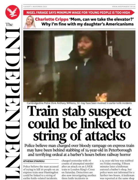 "Train stab suspect could be linked to string of attacks," reads the headline on the front page of the Independent 