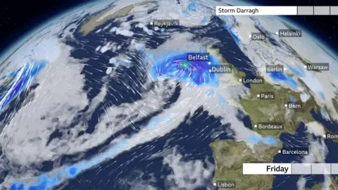 A graphic of a weather front coming across the united kingdom. Wind and rain is clearly marked across the entire island of Ireland.