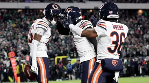 Chicago Bears players celebrate a turnover against the Philadelphia Eagles