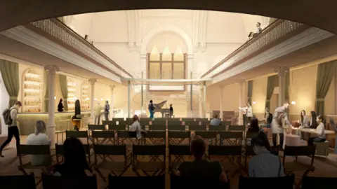 Maddox Planning We can see a computer generated image of how the lower part of the building would look. There are chairs on the floor, with occupied by people watching a grand piano being played. To the right is a bar, to the left we can see a waiter serving a drink.