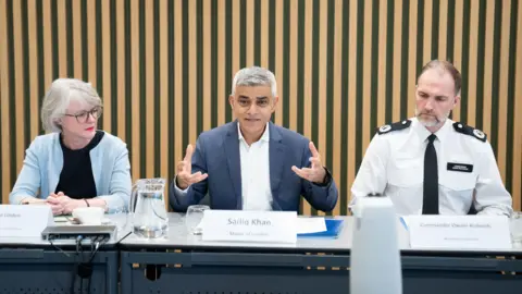 PA Media Mayor of London Sadiq Khan (centre) holds a multifaith roundtable with Jewish and Muslim faith leaders at City Hall in London and including the Deputy Mayor for Policing and Crime, Sophie Lindon (far left) and Commander Owain Richards of the Metropolitan Police (far right) i