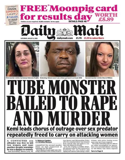 The headline on the front page of the Daily Mail reads: “Tube monster bailed to rape and murder”.
