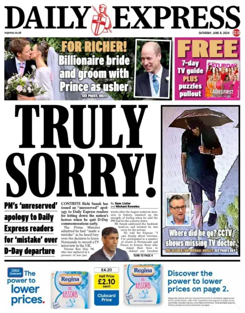 The front page of the Express reads: “Truly sorry”