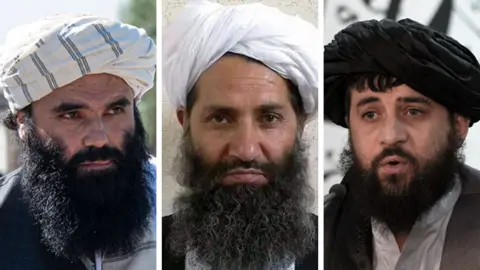 Composite imae shows headshots of three members of the Taliban - on the left, Taliban Interior Minister Sirajuddin Haqqani, in the centre is Afghan leader Hibatullah Akhundzada and on the right is Acting Defence Minister of Afghanistan Mohammad Yaqoob Mujahid.