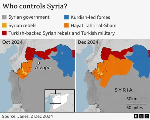 Two maps showing how the situation has changed in northern Syria between October and December. Shaded areas show which group is in control. The right hand map shows that the orange area for Hayat Tahrir al-Sham has expanded into the grey area of Syrian government.