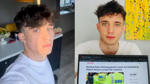 PA Media Two pictures of Ben Thornbury. On the left, a selfie, taken from above in a kitchen, wearing a white T-shirt. On the right, sitting looking at the camera. In front of him is a laptop screen showing the petition.