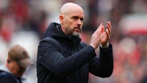 Manchester United manager Erik ten Hag claps the fans after their 1-1 draw with Burnley in the Premier League