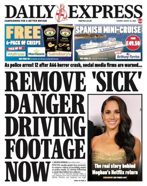The headline on the front page of the Daily Express reads: “Remove 'sick' danger driving footage now".