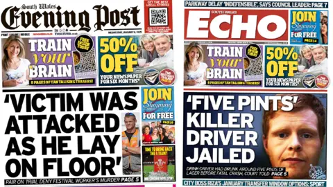 The front pages of the South Wales Evening Post and South Wales Echo