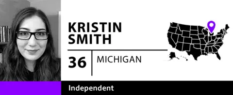 Grafik BBC menunjukkan gambar pemilih independen Kristin Smith, 36, dari Michigan