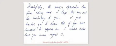 Cabinet Office Detail of a handwritten letter between David Lammy and Peter Mandleson in which Mandleson says of appointing Mandleson 'you will never regret it' 