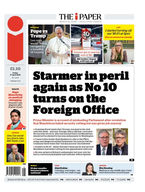 "Starmer in peril again as No10 turns on the Foreign Office," reads the headline on the front page of the i paper.