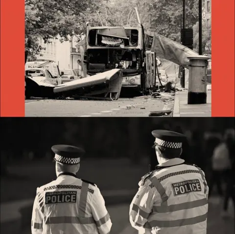 BBC Bus wreckage in top image, two police officers shown from behind in bottom image