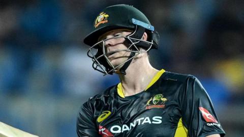 Steve Smith following his dismissal in Australia's T20 game against India on 27 November