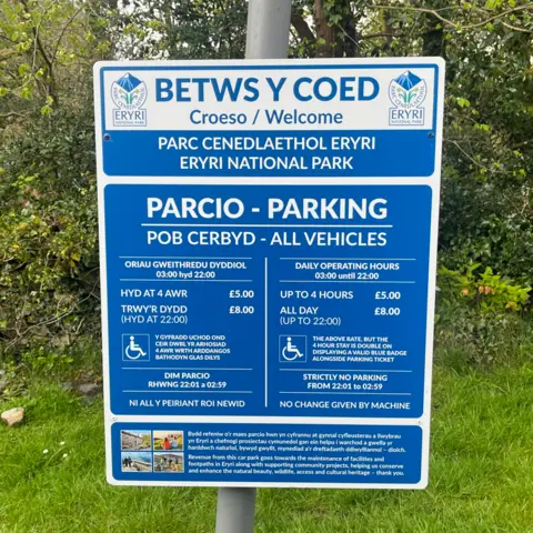 A blue sign for a car park in Betws-y-Coed lists the rules, fees and restrictions.