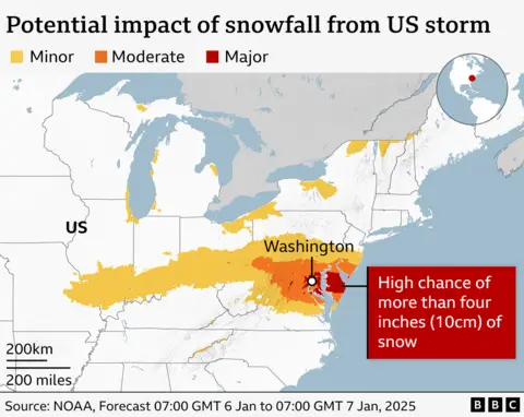 BBC graphic titled: "Potential impact of snowfall from US storm." Areas highlighted in red, such as Washington DC, could experience major impacts. Further west, areas could see moderate impacts - and even further west, into the US Midwest, impacts could be minor. In some of the worst-affected areas, there is a high chance of more than four inches (10cm) of snow