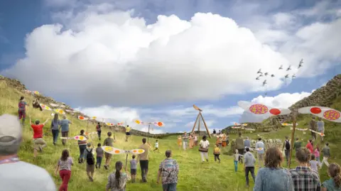 An artist's impression of the dip in the land where the Sycamore Gap used to sit. People are holding wind turbines on wooden poles. The turbine shapes are white with red, yellow and orange designs on them. In the distance, there is a tall triangular wooden structure, with a turbine shaped topper.