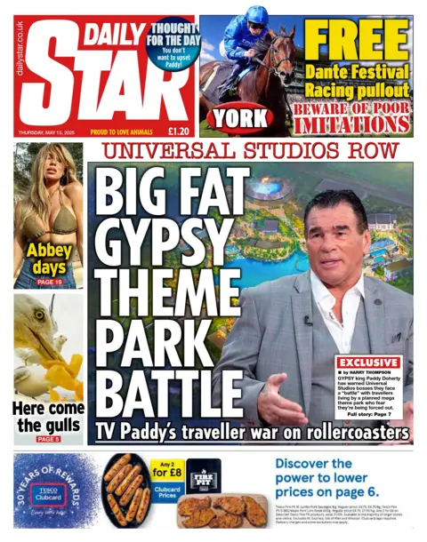 The headline on the front page of the Daily Star reads: "Big Fat Gypsy Theme Park Battle".