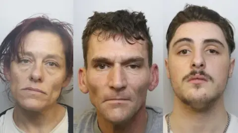 Three police custody photos placed side by side. The image on the right shows Kaleb Wyman, who has dark brown hair, a white t-shirt and a silver necklace. In the middle is Brett Marshall, who has dark brown hair and a grey t-shirt, and Louise Sanders, who has brown hair tied in a ponytail, a white t-shirt and a black cardigan.