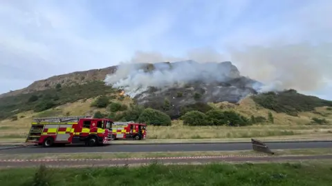 Fire trucks parked at foot of hill which is on fire
