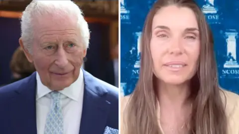 A split screen with King Charles on the left and Teresa Helm on the right.