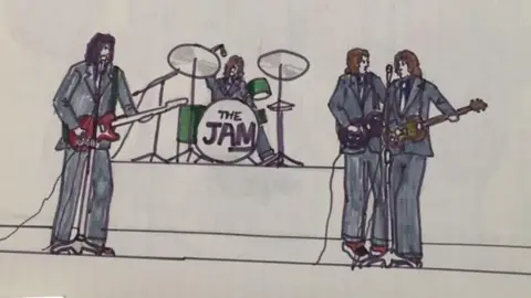 Nicky Weller A cartoon drawing by singer-songwriter Paul Weller which features a music band with four members, wearing dark grey suits. There is also a drum kit which has the band name The Jam labelled on it.