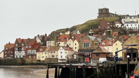 A collection of buildings around a coastline in Whitby. A wooden pier is in the foreground with a Royal Lifeboat Institute building. On top of the hill, a dark stone church can be seen.