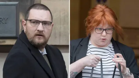 A composite image of Michael Cummins and Samantha Crawford. Cummins, on the left, is looking slightly off camera and has short hair, glasses with dark frames and a beard. He is wearing a dark jacket with a light coloured shirt. Crawford, on the right, has orange hair and glasses with a dark frame. She is wearing a dark jacket and a white and black striped top. Her arms are partially bare and part of a tattoo can be seen on her right arm.