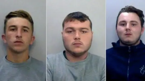 Thames Valley Police From left to right: Jessie Cole, Henry Long and Albert Bowers are young men looking at the camera seriously in police mugshot images