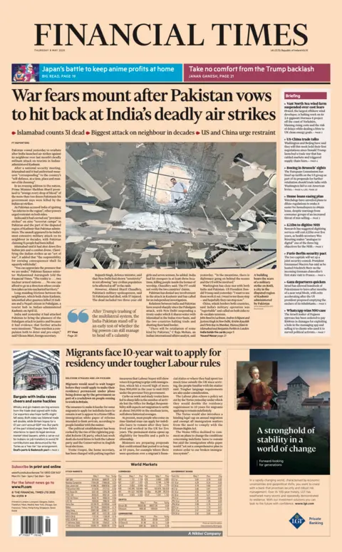 The Financial Times' headline reads "war fears mount after Pakistan vows to hit back at India's deadly air strikes".  It shows a man looking at a hole caused by one of the blasts. 