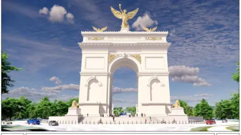 A rendering of the Triumphal Arch, in white marble and gold statues against a blue sky