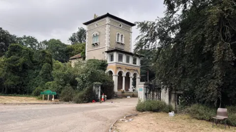 Shaun Whitmore/BBC The entrance and driveway to Shrubland Hall, which is surrounded by fauna and trees. 