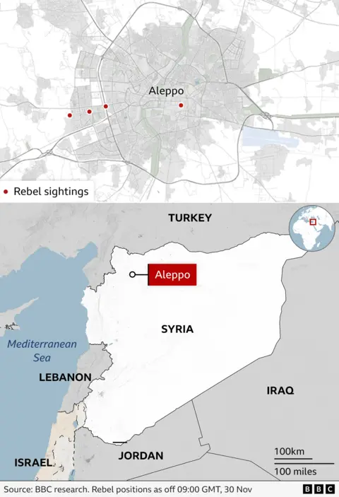 Map of Syria showing the location of Aleppo in the north of the country, near the border with Turkey.