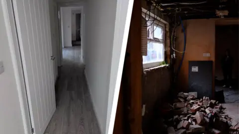 A composit image showing the before and after of works in one of the flats purchased by Creative Factory from Middlesbrough Council. The left-hand image looks into the corridor of a flat with grey laminate flooring, a white panelled door and crisp white walls. On the right is the image of a room with rubble on the floor, no plaster on the walls and electrical cables dangling from the ceiling.
