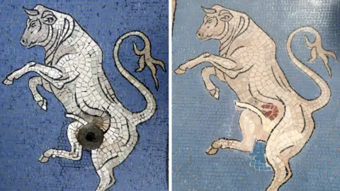 A composite image of the prancing bull mosaic in the Galleria Vittorio Emanuele II arcade in Milan. The left image shows the mosaic before its restoration in May 2026, with a hole in its genital area. TThe right image shows the restored mosaic with light pink stones placed in the area where the hole was..