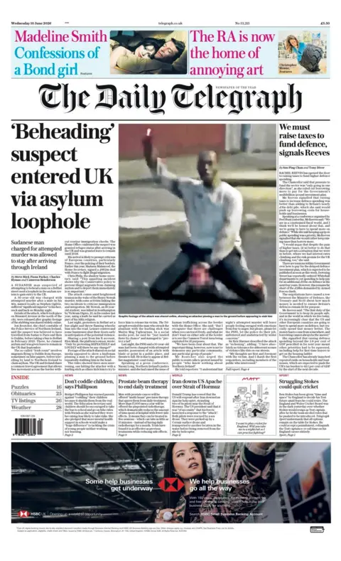 The headline on the front page of the Daily Telegraph reads: "Beheading suspect entered UK via asylum loophole."