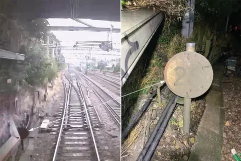 RAIB On the left, CCTV shows a railway track under a bridge and a small sign while on the right (linked by a white arrow) a close up of a speed limit sign covered in mud barely showing 25