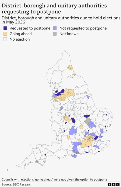 A map of district, borough and unitary authorities in England that have requested to postpone their elections to May 2026. The map also includes those who turned down the opportunity and also includes areas where elections are being held normally. At this stage there are 22 authorities who are requesting postponement, 29 who have not requested postponement and 72 who have not been given the option to postpone and the elections are proceeding as normal.