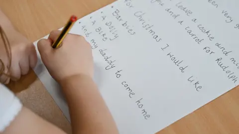 A young girl is writing a Christmas list to Santa. The list says: "For Christmas I would like Barbies, A dolly, A bike, And my daddy to come home." 