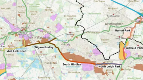 Wigan Council Map from Wigan Council planning documents showing the route of a new link road between the M6 and the M61.