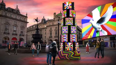 A 7m-tall tower of stacked disco lightboxes in Piccadilly Circus