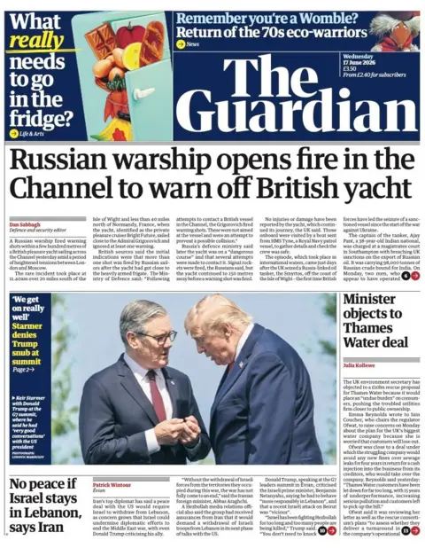 The headline on the front page of the Guardian reads: “Russian warship opens fire in the Channel to warn off British yacht”.