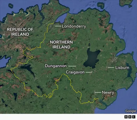 Map of NI with Dungannon, Craigavon, Londonderry Lisburn and Newry highlighted.