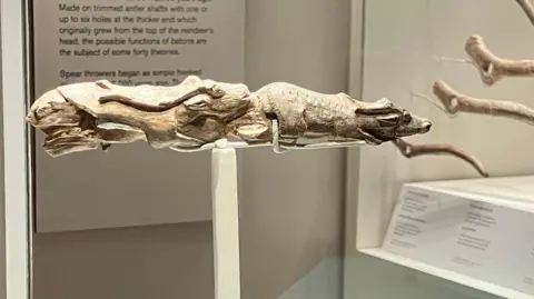 BBC/Jacob Tomlinson One artefact made out of mammoth ivory depicts a drawing of a male and female reindeer.