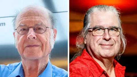 A composite image shows headshots of Charles Bennett wearing a blue shirt and glasses on the left and Gilles Brassard wearing a red shirt and glasses on the right.