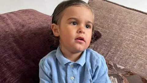 Family Photo A boy with slicked back brown hair dressed in a blue polo top.