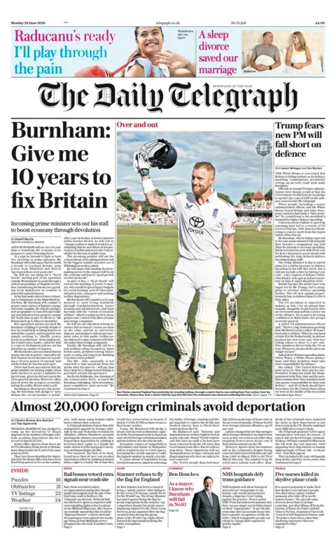 "Burnham: Give me 10 years to fix Britain" reads the headline on the front page of the Daily Telegraph.