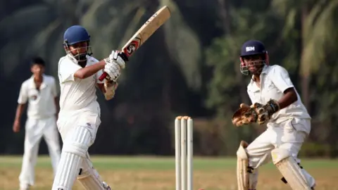  Rizvi Springfield's Prithvi Shaw hits the ball in a Harris Shield Match against Anjuman. (Photo by Kunal Patil/Hindustan Times via Getty Images)