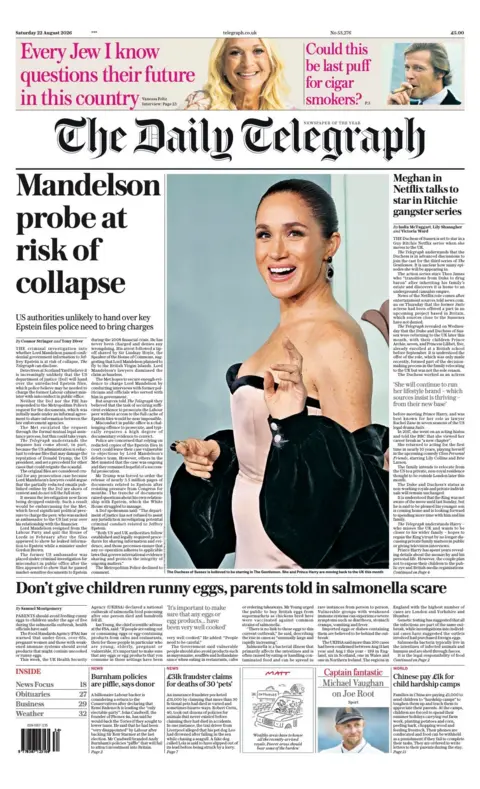 "Mandelson probe at risk of collapse" reads the headline on the front page of the Daily Telegraph.