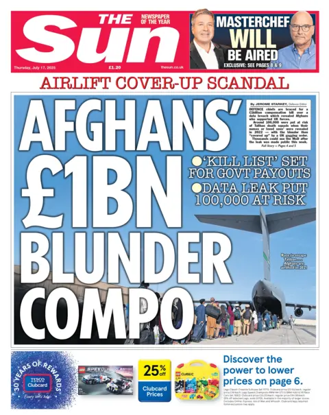 The headline on the front page of the Sun reads: "Afghans £1bn blunder compo" 